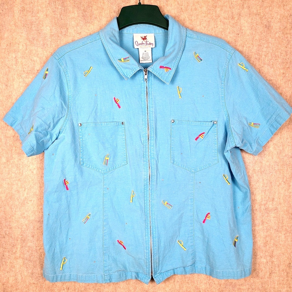 Quacker Factory 1X Blue Linen Blend Embroidered Zip Front Top Beachy Vacation
